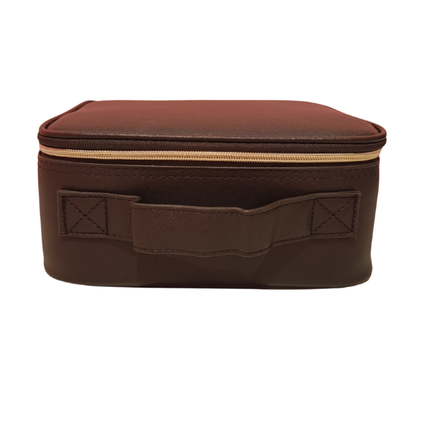 Handle of a black led mirror makeup bag.