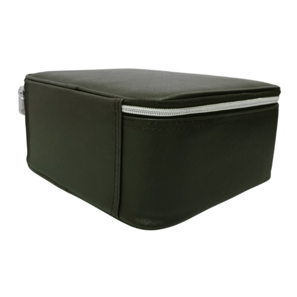 Side view of a black led mirror makeup bag.