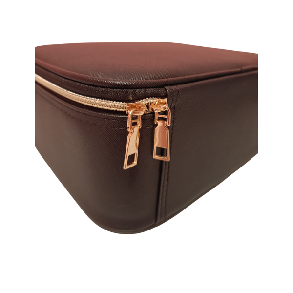 Black led mirror makeup bag with gold zipper on a white background.