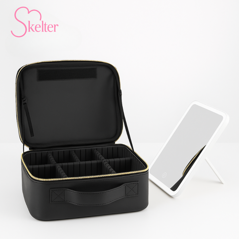 Black led mirror makeup bag with open lid and standing mirror on a white background, featuring the Skelter brand.
